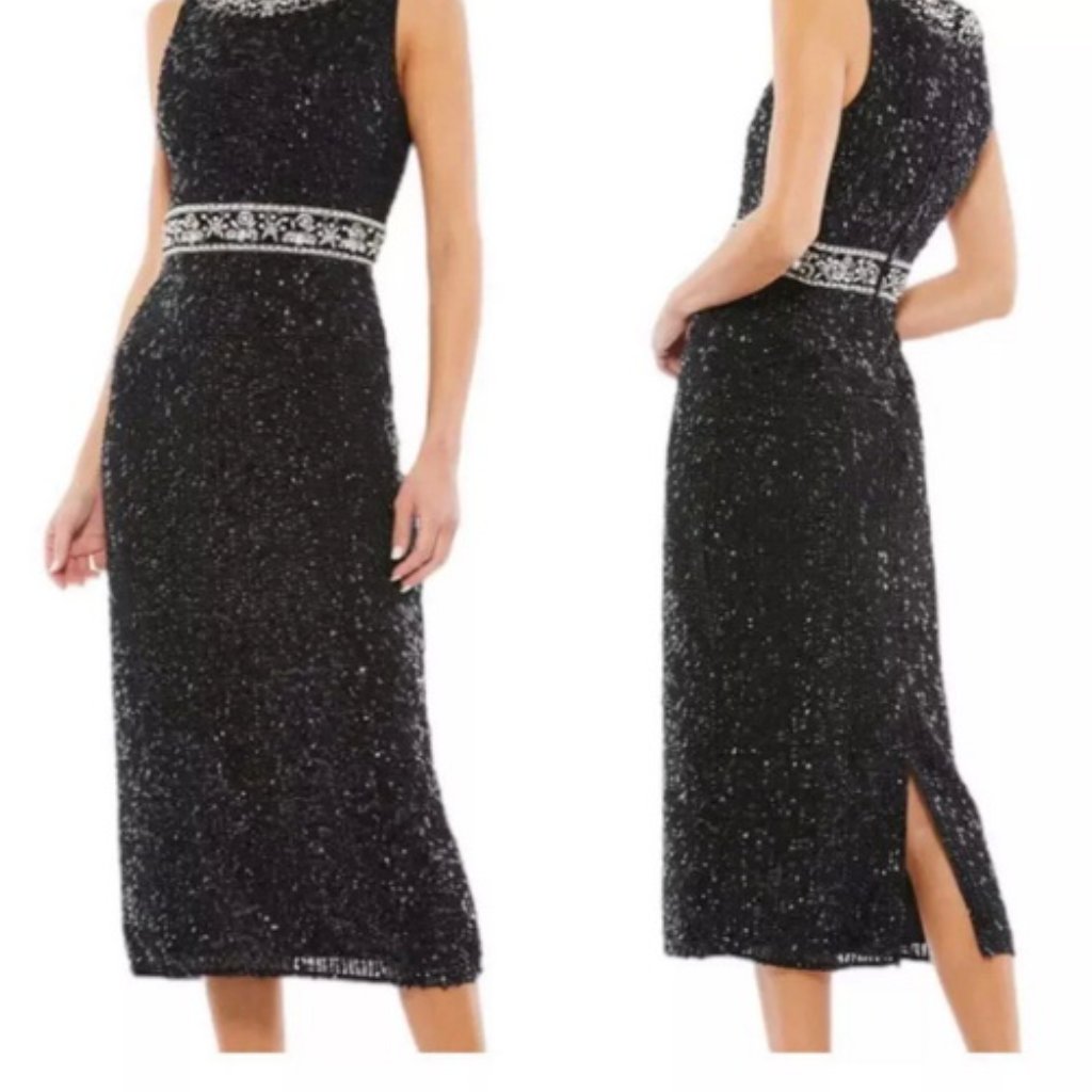 Mac Duggal Black Sequin Rhinestone Beaded Cocktail Midi Dress